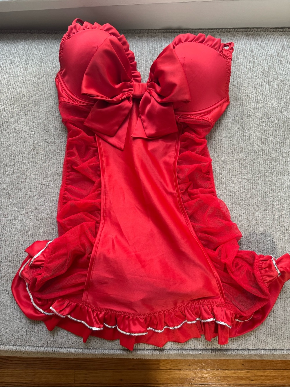 Victoria's Secret Red Satin & Ruffle Bow Chemise
